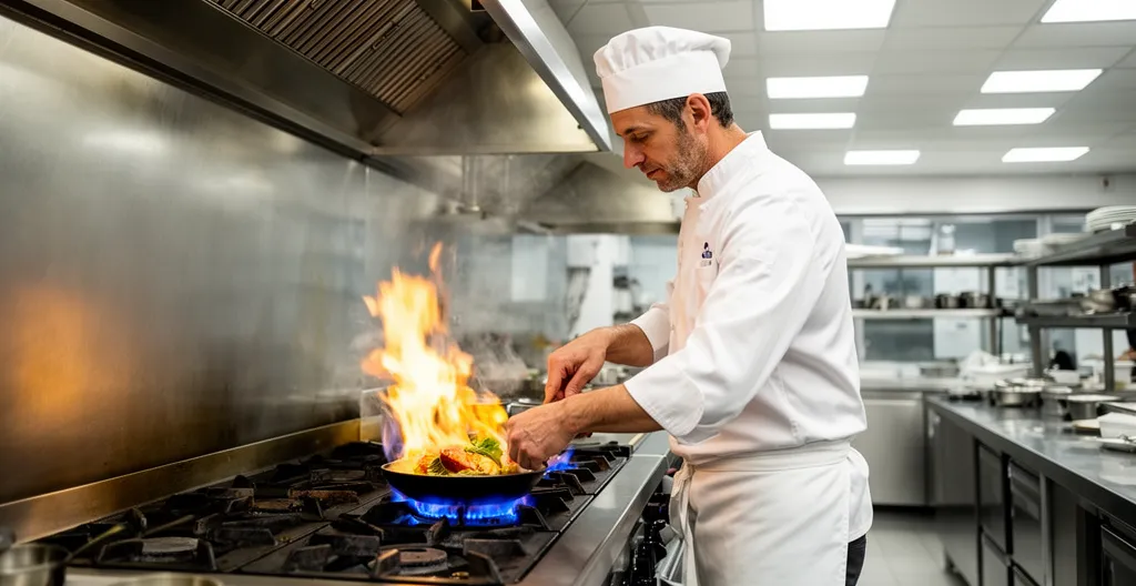 Chef préparant plat sur piano gaz professionnel dans cuisine restaurant