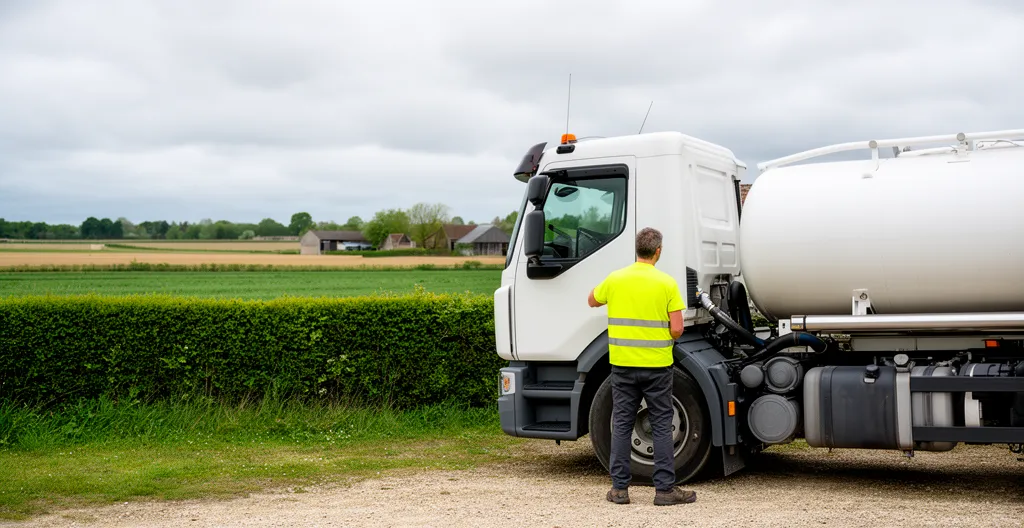 Camion citerne livrant gaz propane dans exploitation agricole zone rurale