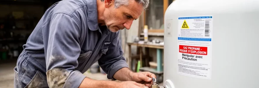 Technicien vérifiant installation citerne gaz propane dans cour entreprise artisanale