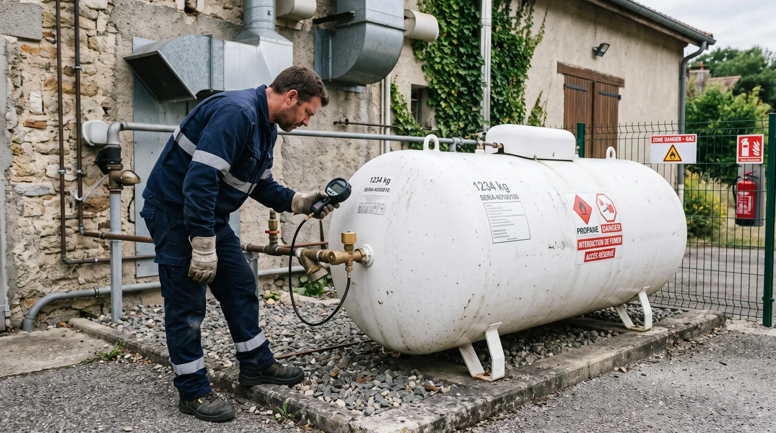 Technicien effectuant une inspection technique sur une citerne de propane existante avec un manomètre numérique
