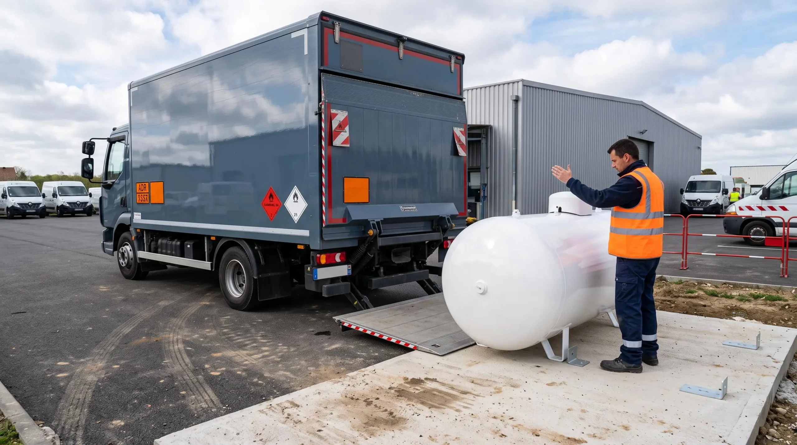 Camion de livraison déchargeant une citerne de propane neuve avec un technicien guidant l'opération de positionnement
