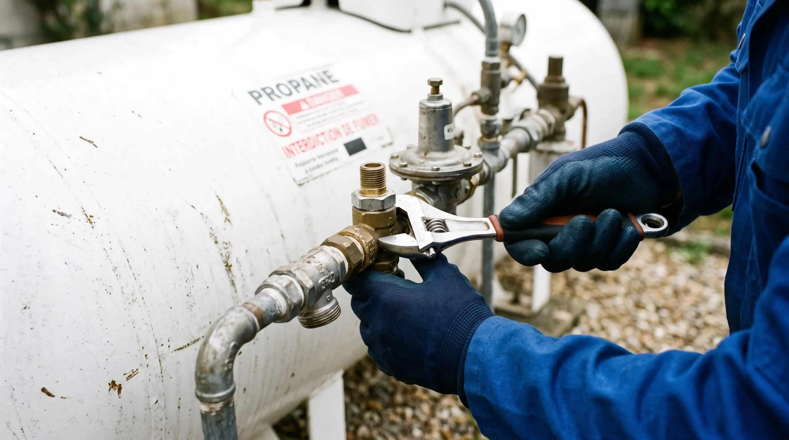 Mains d'un technicien ajustant les vannes de sécurité et de régulation d'une installation de propane professionnelle